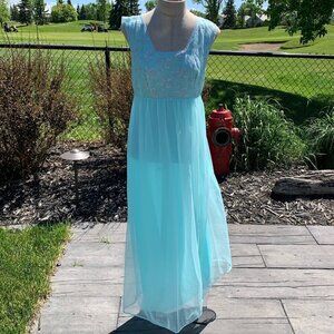 Vintage Sheer Chiffon Lace Square Neck Empire Waist Sleeveless Maxi Nightgown